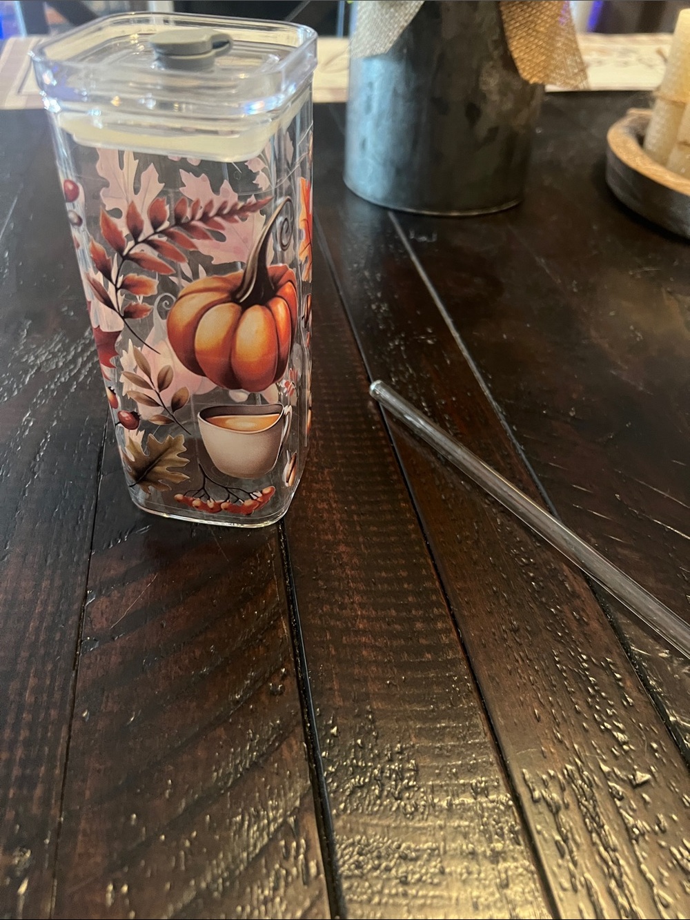 Autumn Pumpkin Glass Tumbler with Straw